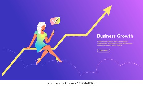 Woman using mobile app for online banking and business growing. Concept vector illustration of girl sitting on big growing graph with smartphone and using mobile app for profit financial accounting