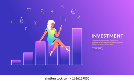 Woman using mobile app for online banking and investing. Concept vector illustration of girl sitting on growing graph with smartphone and financial symbols of dollar, euro and currency exchange