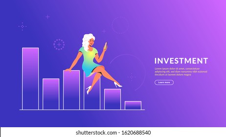 Woman using mobile app for online banking and investing. Modern concept vector illustration of young smiling girl sitting on falling graph and using smartphone app on abstract gradient background
