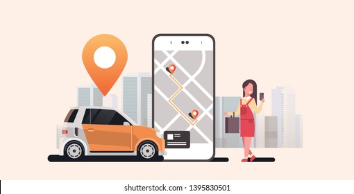 woman using mobile app ordering automobile vehicle with location mark rent car sharing concept transportation carsharing service modern cityscape background horizontal