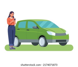 Woman Using Mobile App Pay Parking Or Car Sharing Illustration