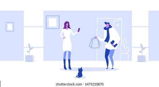 woman using mobile app receiving paper package bag from courier man fast food delivery service concept modern living room interior full length sketch doodle horizontal