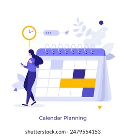 Woman using mobile app for scheduling events. Time management improvement. Calendar planning concept flat vector illustration. Adding important dates to agenda cartoon character color composition