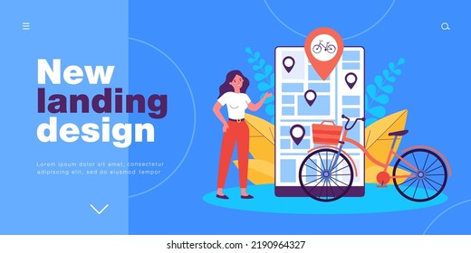 Woman using mobile app to share and rent bike online. Tiny person standing near smartphone and bicycle flat vector illustration. Rental service concept for banner, website design or landing web page