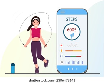 Woman using mobile app for sport trainings, online fitness concept, fitness at home concept, using a mobile application, flat vector illustration