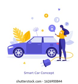 Woman using mobile application to control smart electric car. Girl with smartphone and automobile with plug and rechargable battery. Concept of innovative automotive technology. Flat vector illustrati