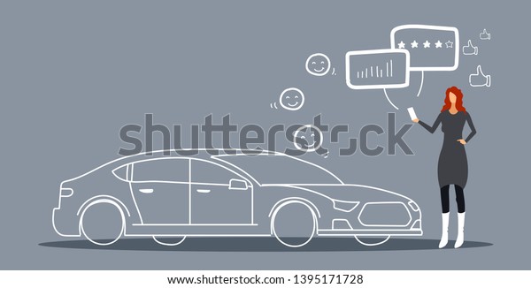 woman\
using mobile application leaves review of car sharing rental\
company feedback rating concept businesswoman holding smartphone\
online auto rent service sketch doodle\
horizontal