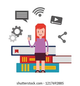 woman using mobile books social media