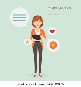 woman using a mobile to communication online. media technology infographics. people character vector design.