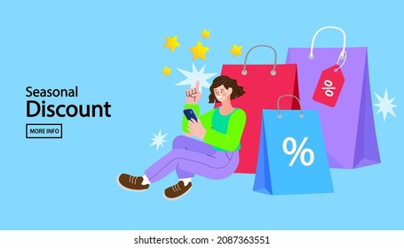 Woman using mobile e-shopping around shopping bag with big sale sign black friday holiday promotion discount concept. Special offer. buy presents or gifts through mobile application vector.