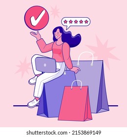 Woman using mobile e-shopping around shopping bag with big sale sign black friday holiday promotion discount concept. Special offer. buy presents or gifts through mobile application vector. Five Star.