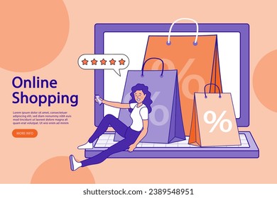 Woman using mobile e-shopping around shopping bag with big sale sign black friday holiday promotion discount concept. Special offer. buy presents or gifts through mobile application vector. Five Star.