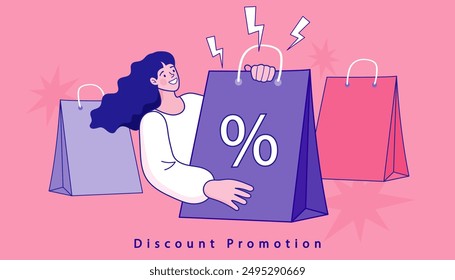 Woman using mobile e-shopping around shopping bag with big sale sign black friday holiday promotion discount concept. Special offer. buy presents or gifts through mobile application vector.