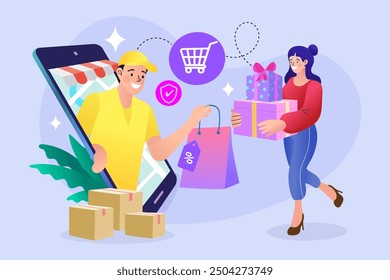 Woman using mobile e-shopping around shopping bag with big sale sign black friday holiday promotion discount concept. Special offer. buy presents or gifts through mobile application vector.