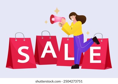 Woman using mobile e-shopping around shopping bag with big sale sign black friday holiday promotion discount concept. Special offer. buy presents or gifts through mobile application vector.