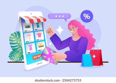 Woman using mobile e-shopping around shopping bag with big sale sign black friday holiday promotion discount concept. Special offer. buy presents or gifts through mobile application vector.