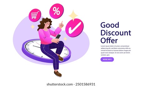 Woman using mobile e-shopping. big sale sign black friday holiday promotion discount concept. Special offer. buy presents or gifts through mobile application. Customer reviews concept. vector