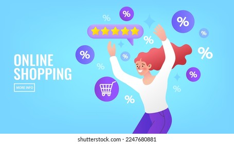 Woman using mobile e-shopping  with black friday holiday promotion discount concept. Special offer. People Giving Five Star Feedback. Customer reviews concept. woman standing near speech bubble.