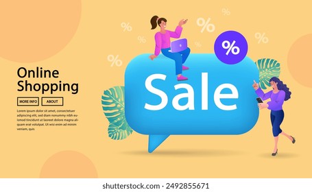 Woman using mobile e-shopping with black friday holiday promotion discount concept. Special offer. People Giving Five Star Feedback. Customer reviews concept. woman sitting on speech bubble.