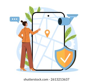 Woman using mobile GPS navigation app with map on screen, surveillance camera and shield icon for privacy, on white background. Concept of digital security. Vector illustration
