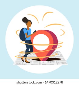 woman using mobile navigation app with location marker gps position on city urban top angle view map with buildings and streets travel concept flat full length
