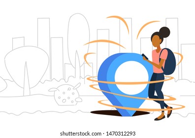 woman using mobile navigation app with location marker gps position geo tag travel concept african american girl traveler walking outdoor cityscape background doodle full length horizontal