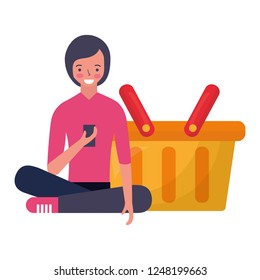 woman using mobile online shopping basket