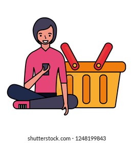 woman using mobile online shopping basket