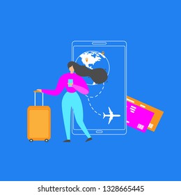 Woman Using Mobile Phone Application for Booking Flight Tickets in Internet Flat Vector. Female Tourist Searching Flight Schedules, Planing Vacation Travel, Reserving Hotel Room Online Illustration