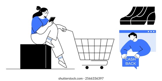 Woman using a mobile phone by a shopping cart, a man receiving cashback, and high heels. Ideal for e-commerce, online shopping, cashback programs, consumer behavior, digital marketing. Simple modern