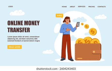 Woman using mobile phone for digital financial transaction, cartoon style with coins and wallet on light blue background. Concept of online money transfer. Vector illustration
