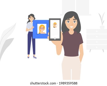 Woman using mobile phone facial recognition app in office