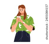 Woman using mobile phone. Girl holding smartphone, cell in hands. Young female in glasses, looking at cellphone, reading online, surfing internet. Flat vector illustration isolated on white background