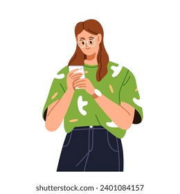 Mujer usando teléfono móvil. Chica sosteniendo un smartphone, celular en las manos. Joven con gafas, mirando el celular, leyendo en línea, navegando por internet. Ilustración vectorial plana aislada en fondo blanco