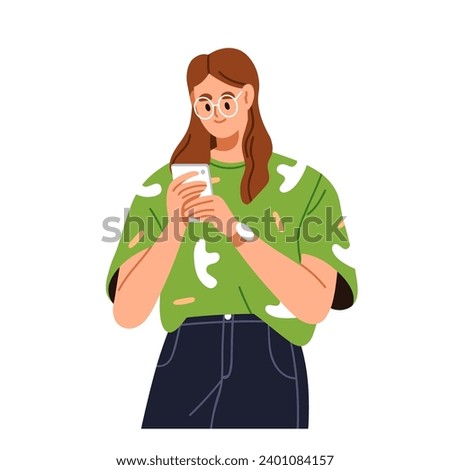 Woman using mobile phone. Girl holding smartphone, cell in hands. Young female in glasses, looking at cellphone, reading online, surfing internet. Flat vector illustration isolated on white background
