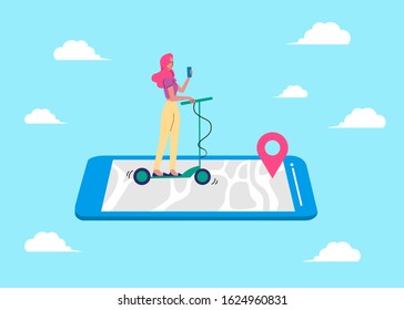 Woman using mobile phone for navigation sketch cartoon vector illustration.