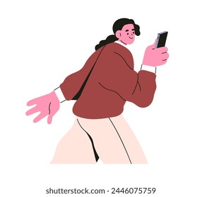 Mujer usando el teléfono móvil en el camino. Chica sosteniendo un smartphone, mirando, leyendo. Persona feliz caminando con el teléfono celular en la mano, navegar por Internet. Ilustración vectorial plana aislada sobre fondo blanco