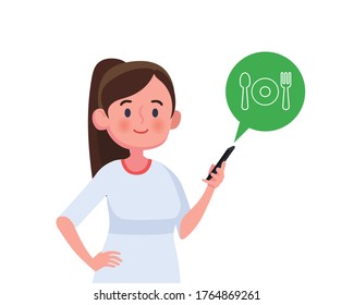 Woman using mobile phone to order food delivery. vector illustration