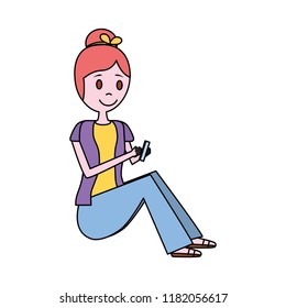 woman using mobile phone sitting on a floor