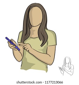 woman using mobile phone vector illustration sketch doodle hand drawn with black lines isolated on white background