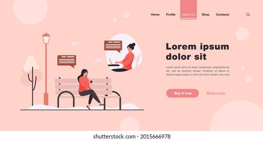 Woman using mobile phone to work outside. Park, job, mobility. Flat vector illustration. Freelancing concept can be used for presentations, banner, website design, landing web page