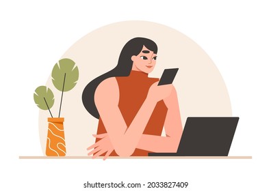 Woman using a mobile phone at work. Businesswoman with a smartphone and a laptop in the office. Business technology, communication concept. Isolated flat vector illustration