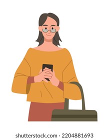 Woman using mobile phone. Young girl with bag looks at screen from smartphone. Modern technologies and digital world. Gadgets and devices. Social media and messengers. Cartoon flat vector illustration