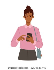 Woman using mobile phone. Young girl with bag and smartphone in her hands. Communication on Internet, social networks and instant messengers, online chatting. Cartoon flat vector illustration