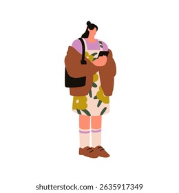Woman using mobile phone. Young female standing outdoors, holding smartphone in hand, texting, searching online. Girl with cellphone on street. Flat vector illustration isolated on white background