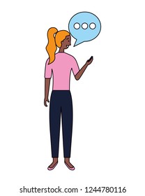 woman using mobile speech bubble