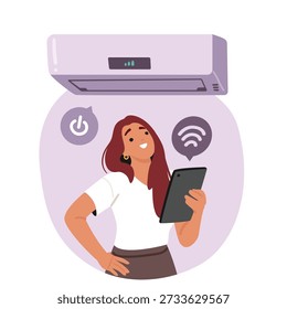 Woman using mobile tablet and Wi-Fi technology to control air conditioning at home cartoon scene. Female enjoying perfect indoor climate managed through smart house automation vector illustration