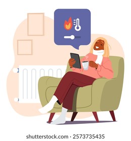 Woman using mobile tech app for smart home climate control, HVAC, heating house apartment in winter vector illustration. Girl drinking coffee wearing warm clothing changing temperature in room