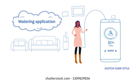 woman using mobile watering application smart house technology system concept modern living room interior smartphone screen sketch flow style horizontal