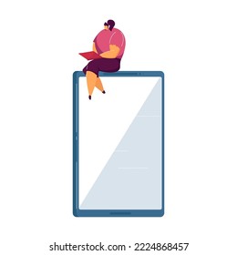 Woman using modern technology. Tiny young girl with smartphone sitting on top of laptop or tablet flat vector illustration. Technolgy, social media, youth concept for banner, website design